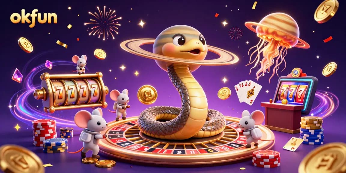 Spin the reels at okfun with a vibrant casino scene filled with lucky symbols and cosmic characters.