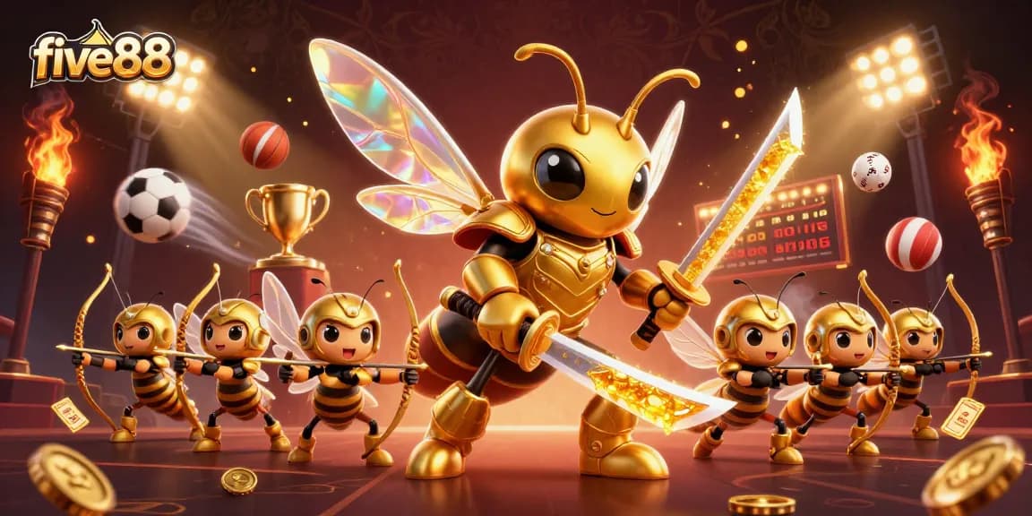 Engage with five88's thrilling betting experience featuring a golden hornet and sports elements.