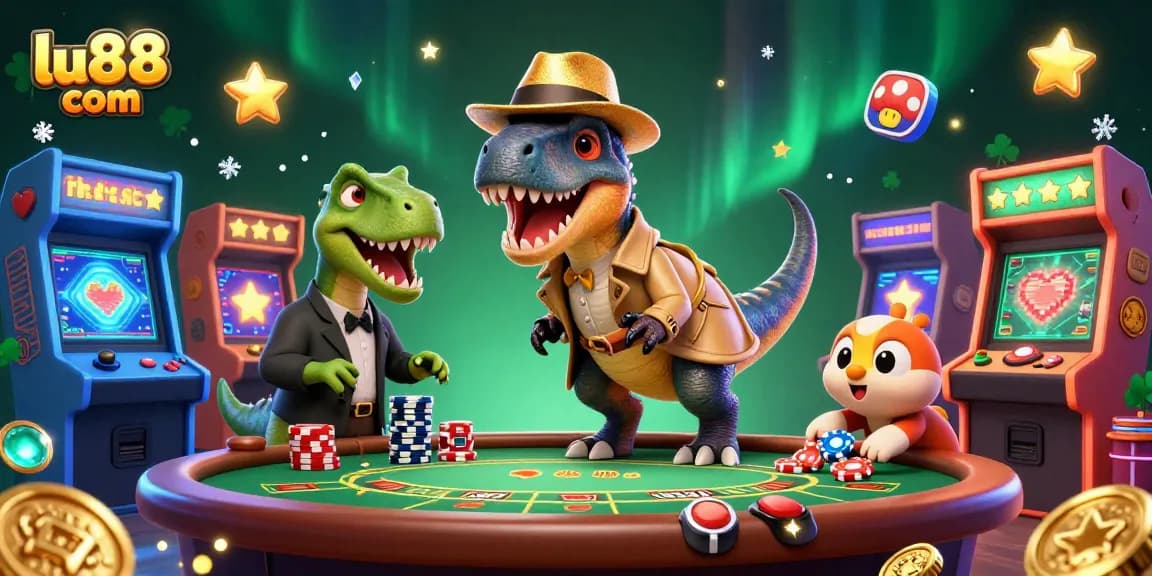 Experience thrilling gameplay at lu88 com with cartoon velociraptor sneaking chips at a blackjack table.