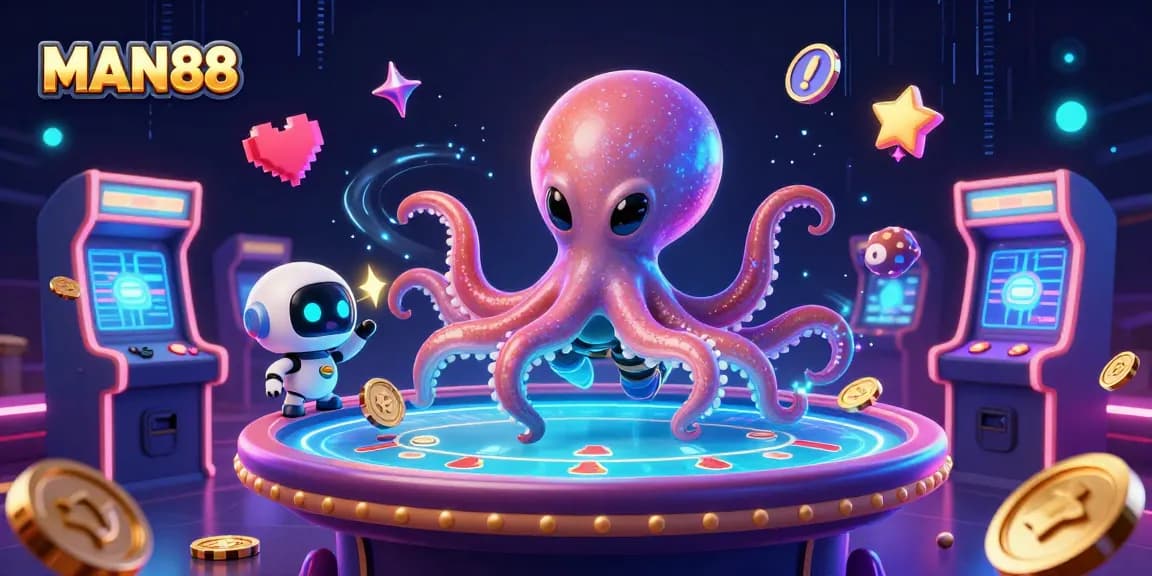 MAN88 offers an exciting intergalactic poker game with alien octopus and vibrant arcade elements.