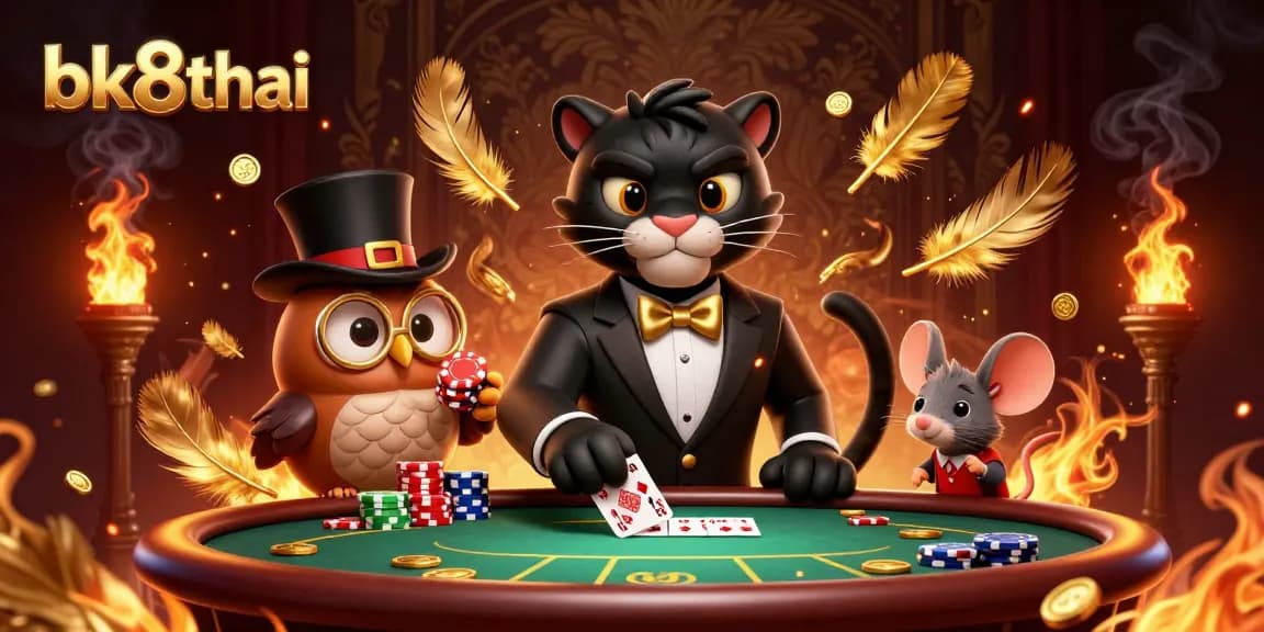 Engage with bk8thai at a lively poker scene featuring a stylish black panther dealer, charming owl, and lucky mouse.