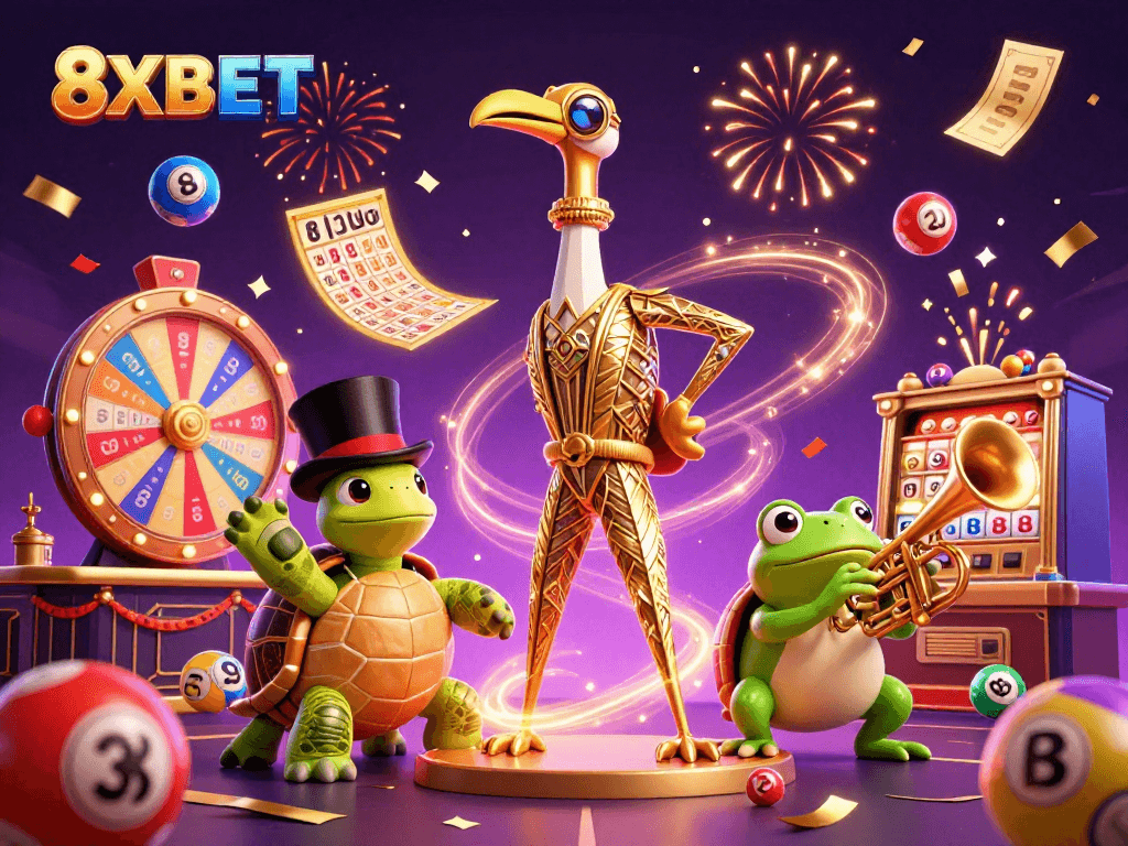 Engage in exciting action at 8XBET with vibrant lottery balls, confetti, and lively characters.