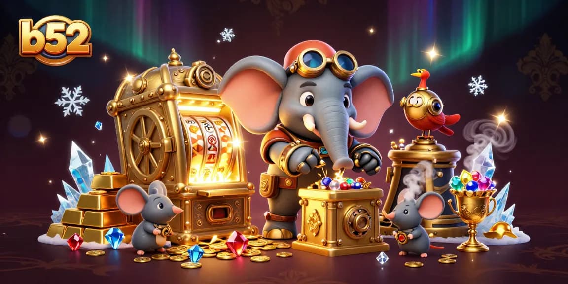 Join the fun at b52 casino with a steampunk elephant winning big at the slot machine!