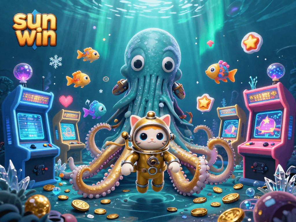 Experience fun gaming at sun win with a colossal kraken and diving cat having adventures in a treasure-filled ocean.