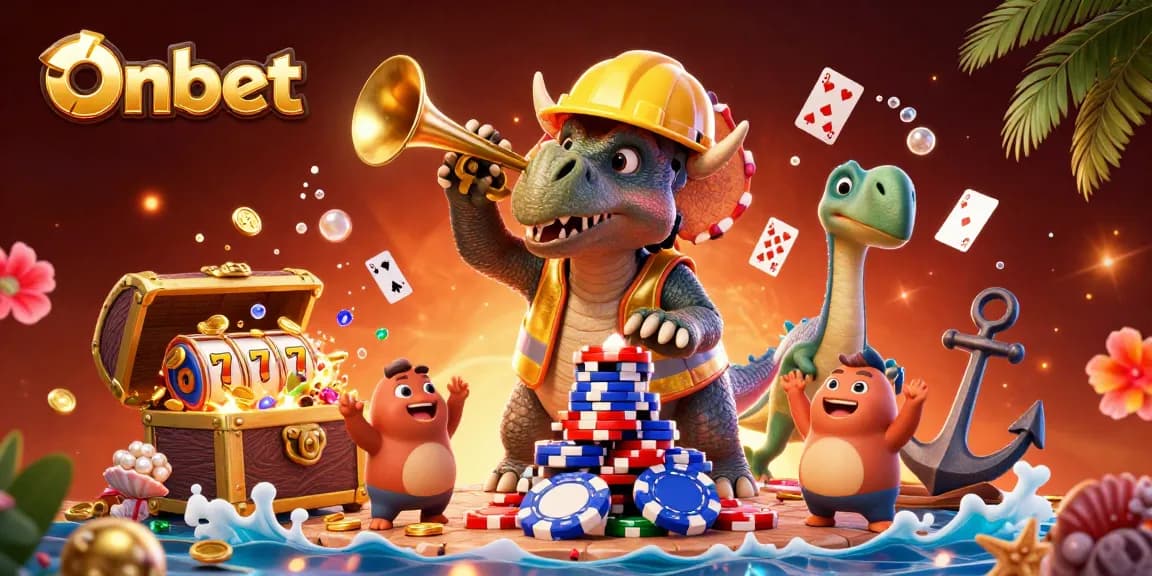 Experience the thrills of Onbet with a triceratops and friends celebrating a golden poker game.