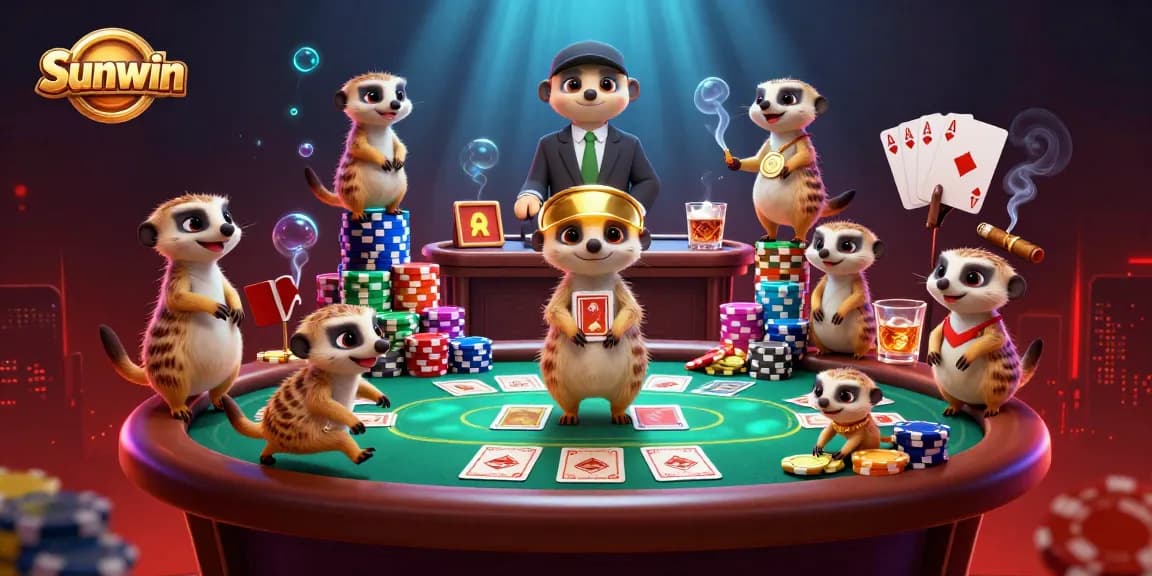 Engage with Sunwin as meerkats run a vibrant casino, filled with chips and card games.