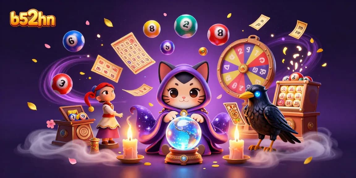 b52hn promotes excitement with dynamic lottery elements and vibrant gambling characters in a mystical scene