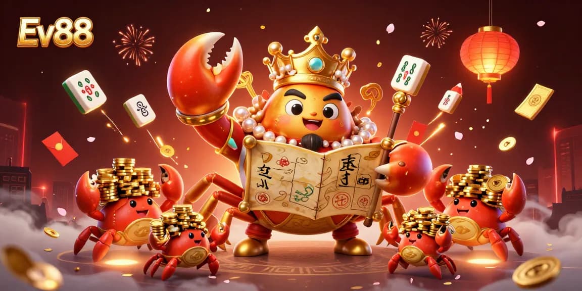 Ev88's dynamic online gambling scene featuring a golden crab emperor amidst festive casino elements.