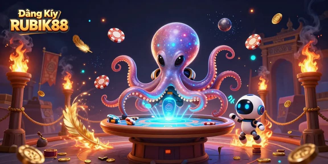 Experience Đăng Ký RUBIK88 with a vibrant alien octopus and holographic poker table in a captivating casino scene.
