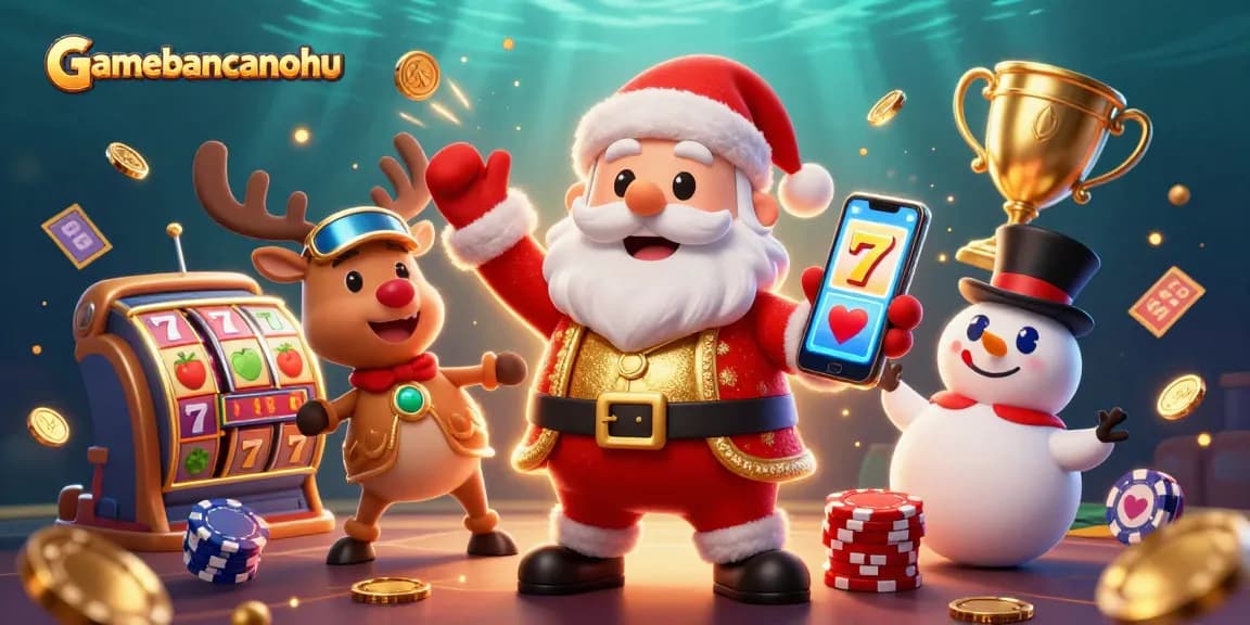 Engage in gaming excitement at gamebancanohu with Santa and friends celebrating jackpots.