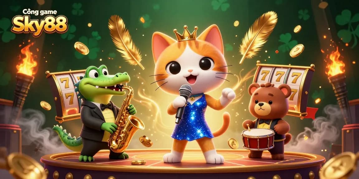 Cổng game Sky88 showcases a vibrant 3D casino scene with engaging characters and dynamic gaming elements, delivering an immersive gambling experience.