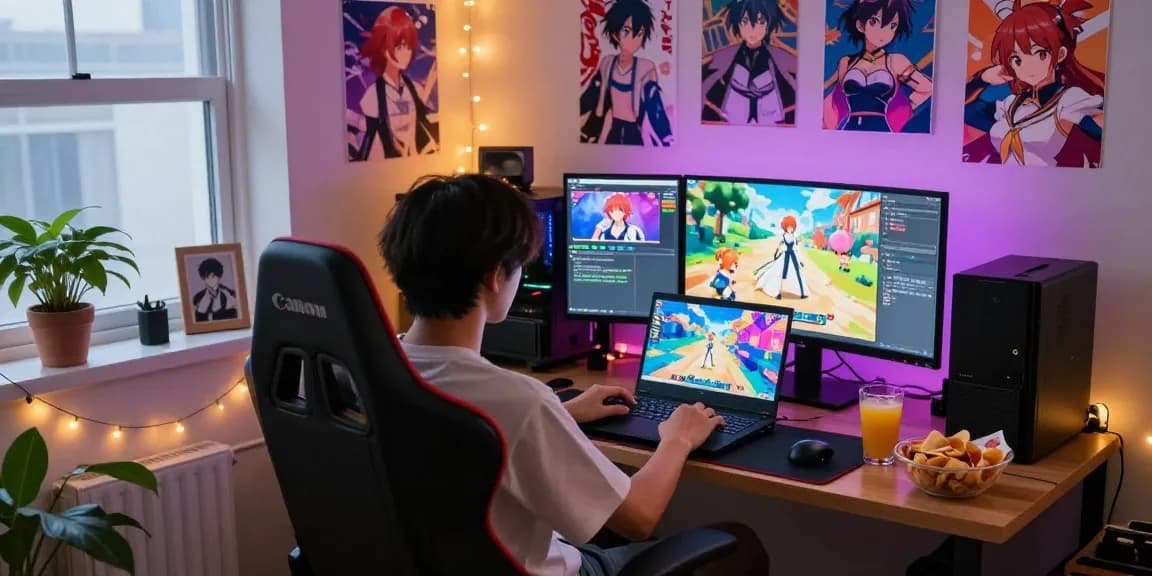 Engaging gaming setup featuring hentai games on laptop screens with cozy ambiance.