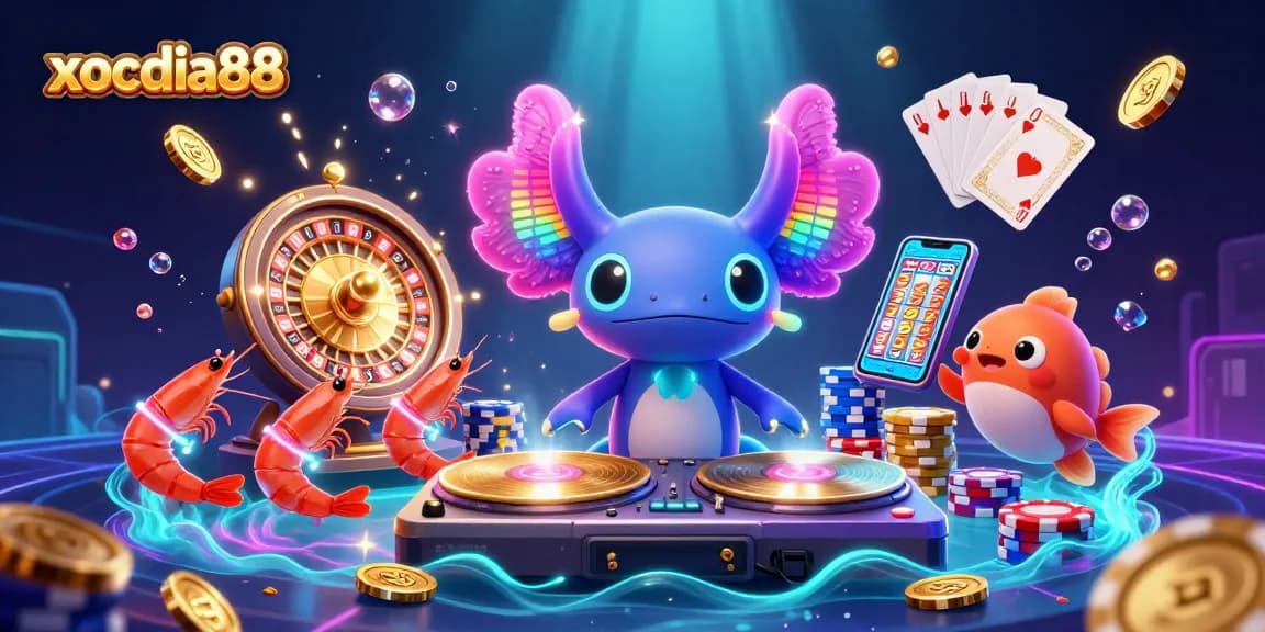 Xocdia88 showcases an ultra-detailed 3D casino scene with vibrant characters and dynamic gaming elements.