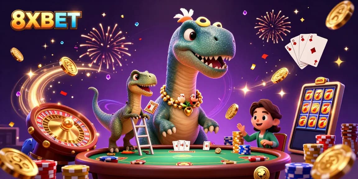 Experience thrilling gaming at 8XBET, featuring playful dinosaurs in a dynamic casino setting.