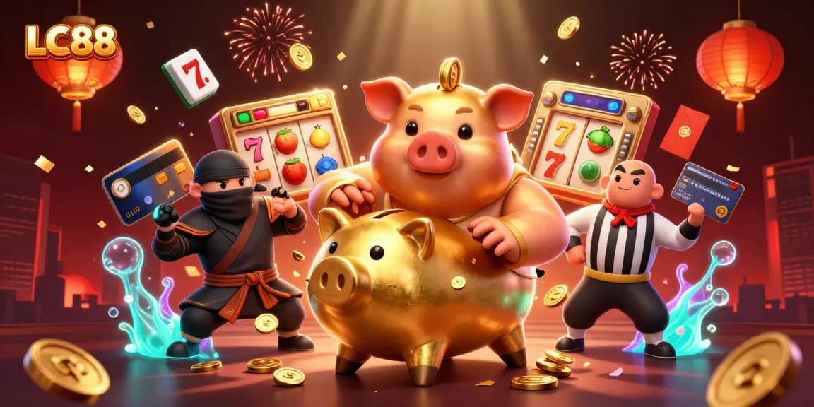LC88 gamers engaging with a lively casino scene filled with vibrant slot machine elements and festive decorations.