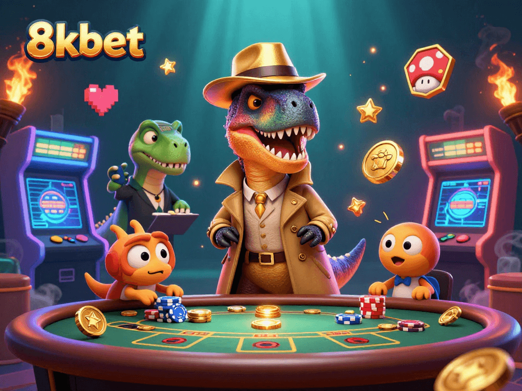 8xbet cartoon velociraptor card counter sneaks chips at blackjack table, adding excitement to gaming atmosphere