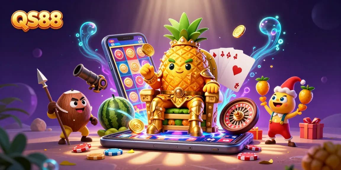 Experience the thrilling QS88 gaming scene with our golden pineapple king and vibrant casino elements.