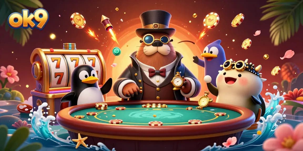 Win big with ok9’s vibrant underwater poker scene featuring playful betting characters.