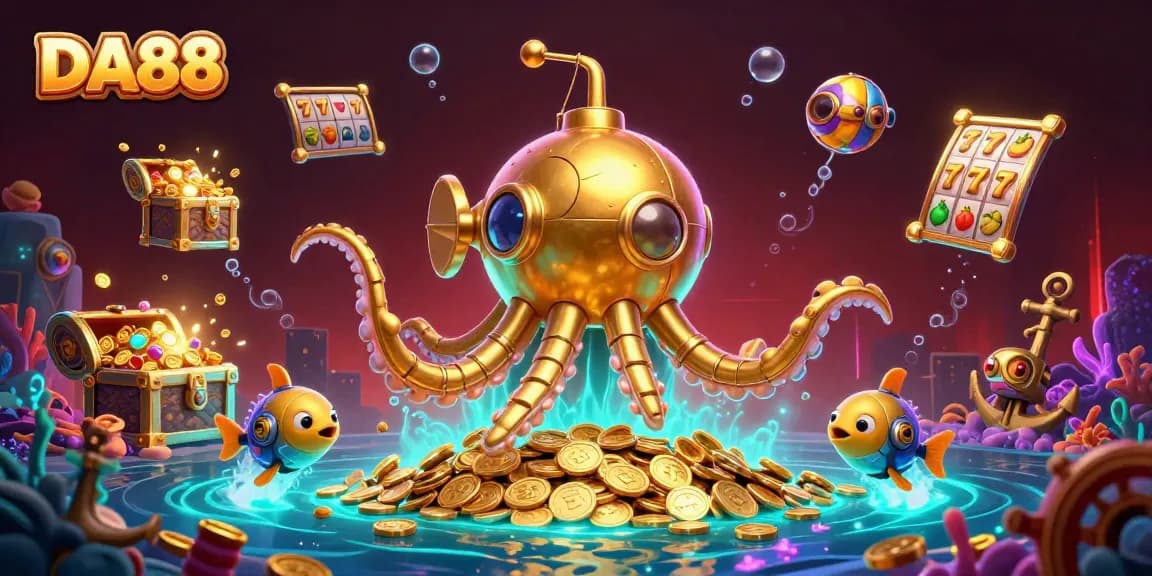 Engage with DA88's dynamic winning chances in a vibrant casino treasure scene, featuring golden kraken and gaming elements.