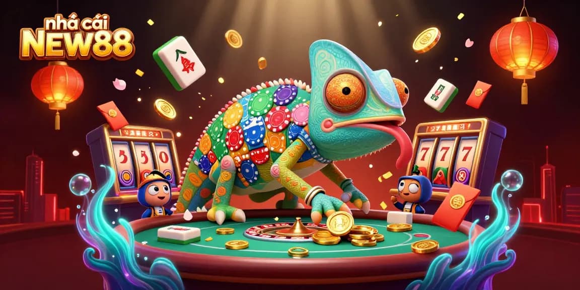 Engage with nhà cái NEW88 in a vibrant casino scene featuring a colorful chameleon owner and dynamic gambling elements.