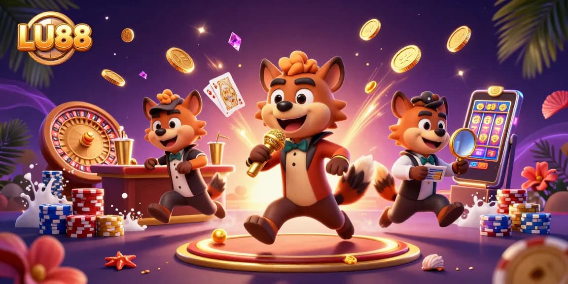 LU88 hyenas in a vibrant casino scene celebrating with golden coins and roulette wheels.