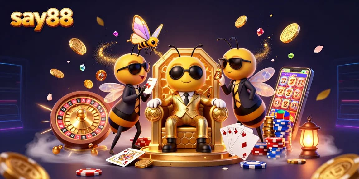 Experience excitement at say88's casino with golden coins and thrilling games in a vibrant scene.