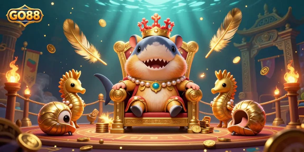 Experience winning excitement at GO88 with an engaging illustration featuring a hamster king, seahorse guards, and casino elements.