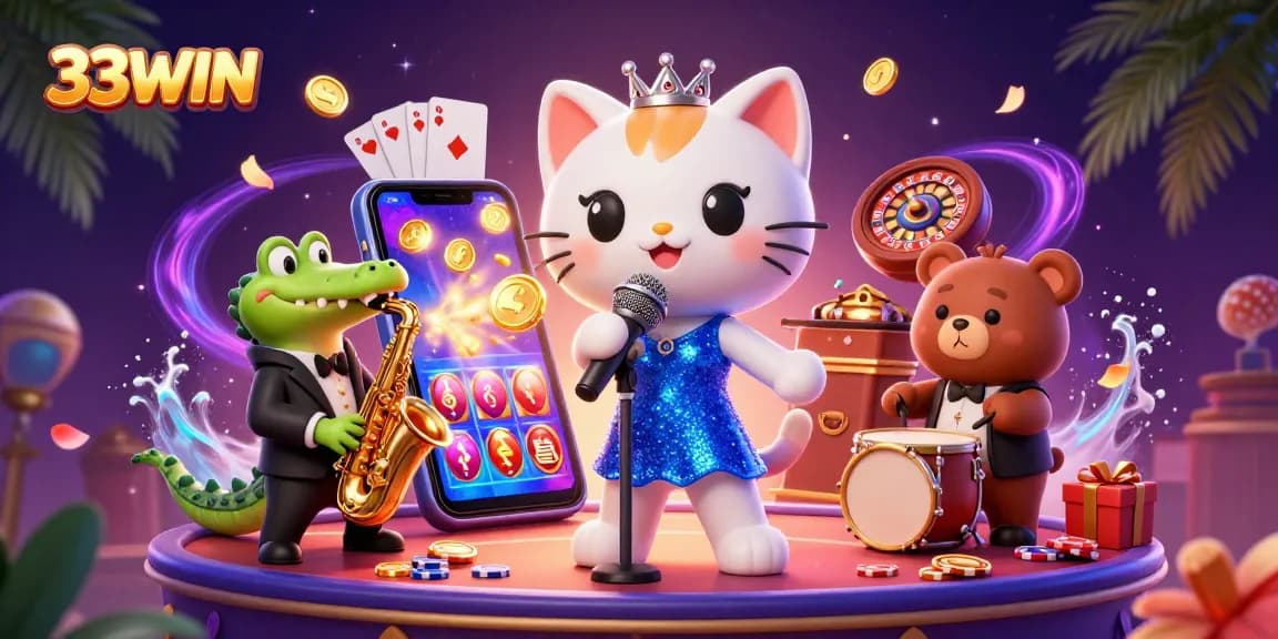 33WIN's cartoon characters entertain on a casino stage with vibrant slot games and dynamic betting elements.