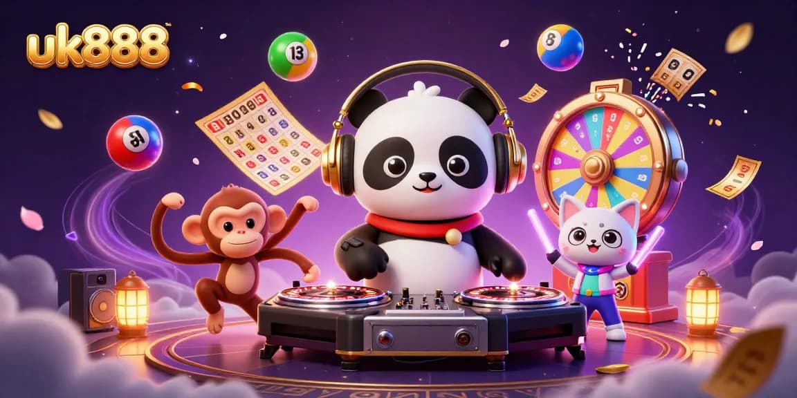 uk888's vibrant 3D casino festival scene with engaging characters celebrating wins.