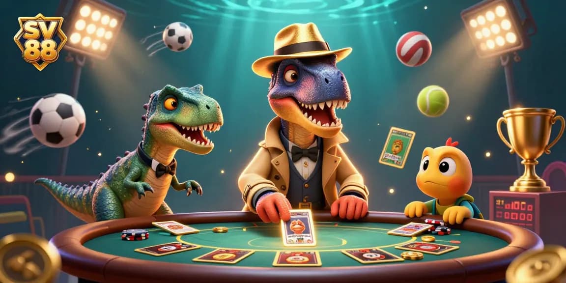 Experience thrilling action at sv 88's blackjack table with playful dinosaurs amid dynamic sports excitement.