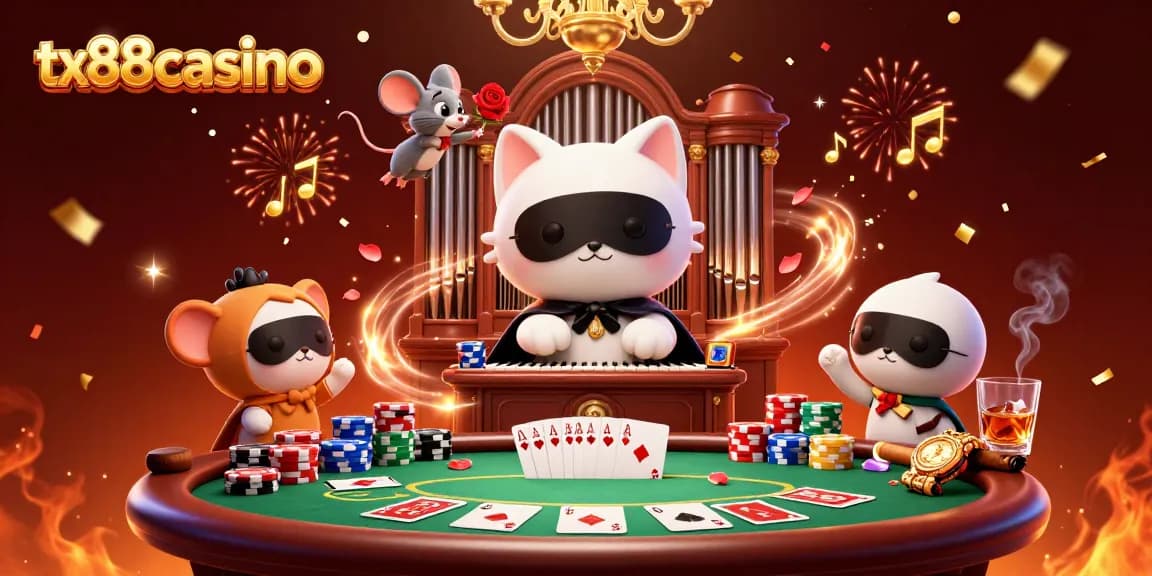 Experience the vibrant world of tx88casino with a lively 3D casino scene filled with poker elements and whimsical characters.