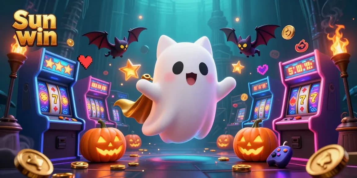 Win big with Sun win at an exciting haunted casino scene featuring a friendly ghost cat and vibrant game elements.