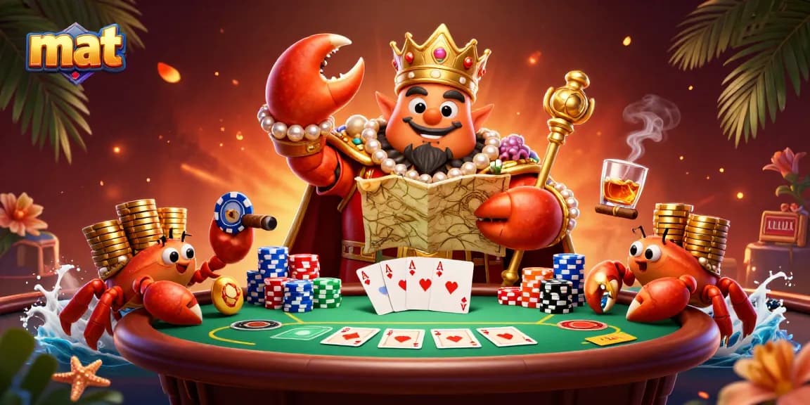 Experience the thrill of mat gaming with a vibrant scene of a golden crab emperor and poker elements.