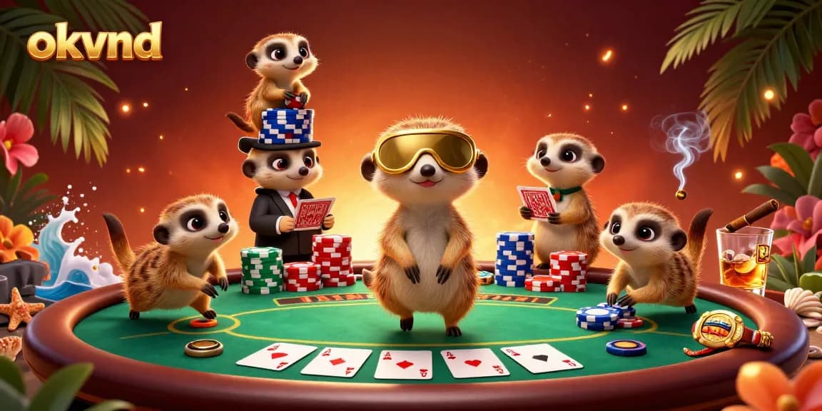 Engage in the exciting casino world of okvnd with meerkats managing poker games, lively chip stacks, and vibrant casino elements.