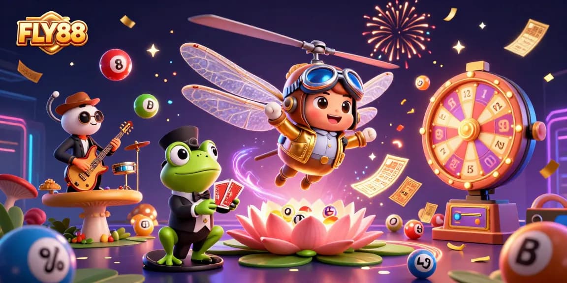 Experience the thrill of FLY88 with vibrant lottery balls, a frog croupier, and a dynamic atmosphere.