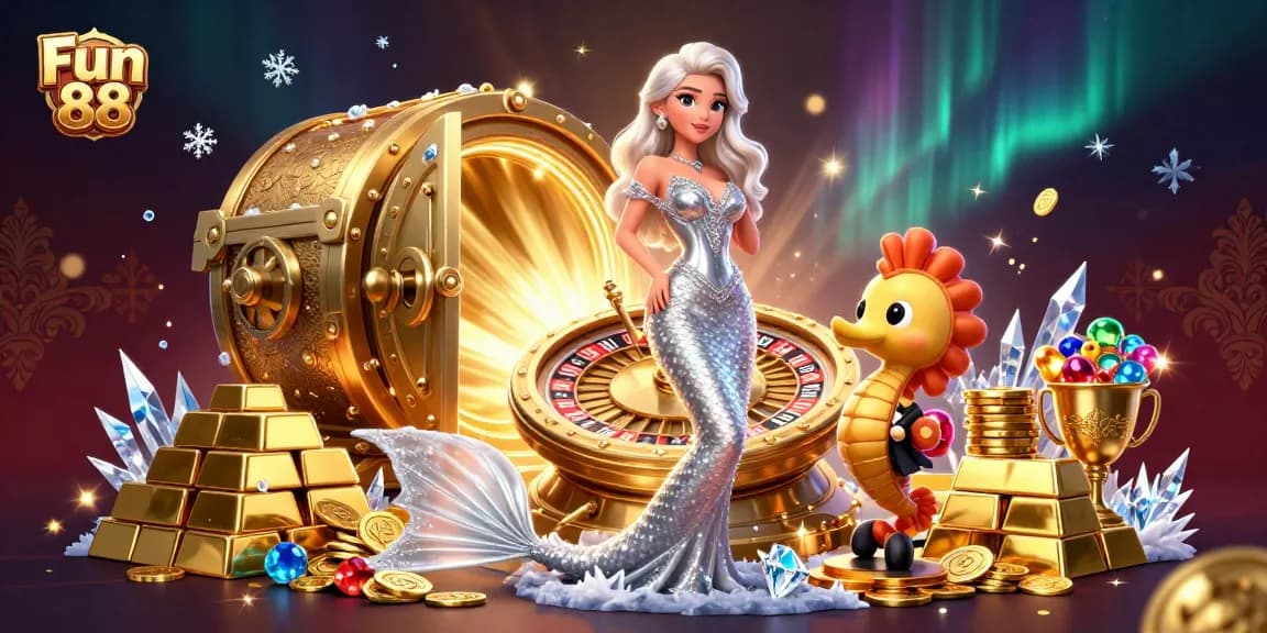 Experience vibrant gameplay and excitement at Fun 88 with stunning visuals of a roulette wheel and sparkling gems.
