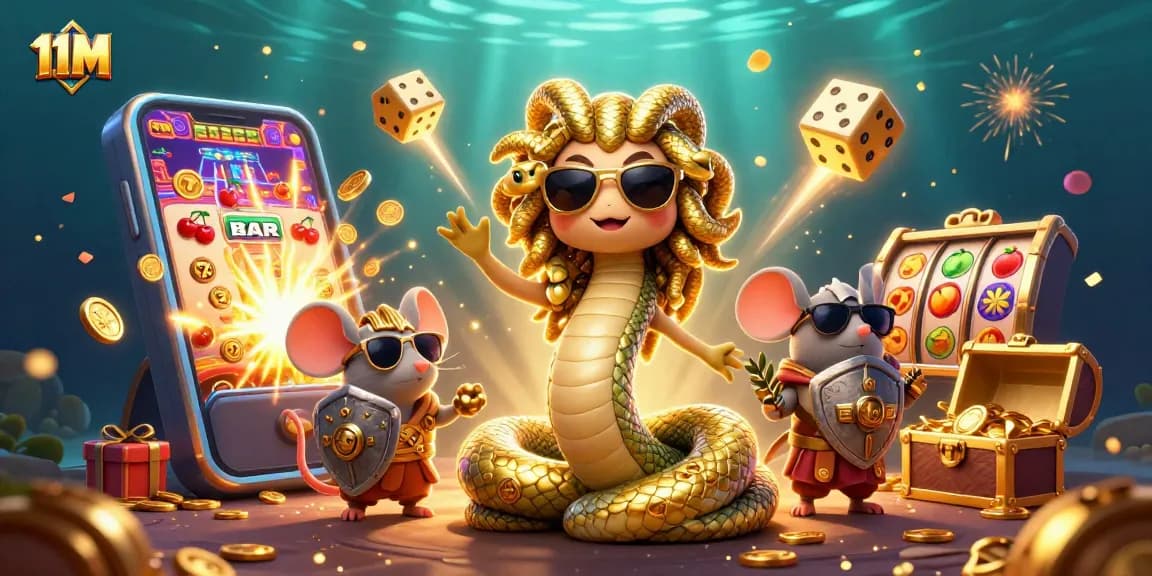 Experience the excitement of 11M with Medusa and a mouse warrior in a vibrant casino setting.