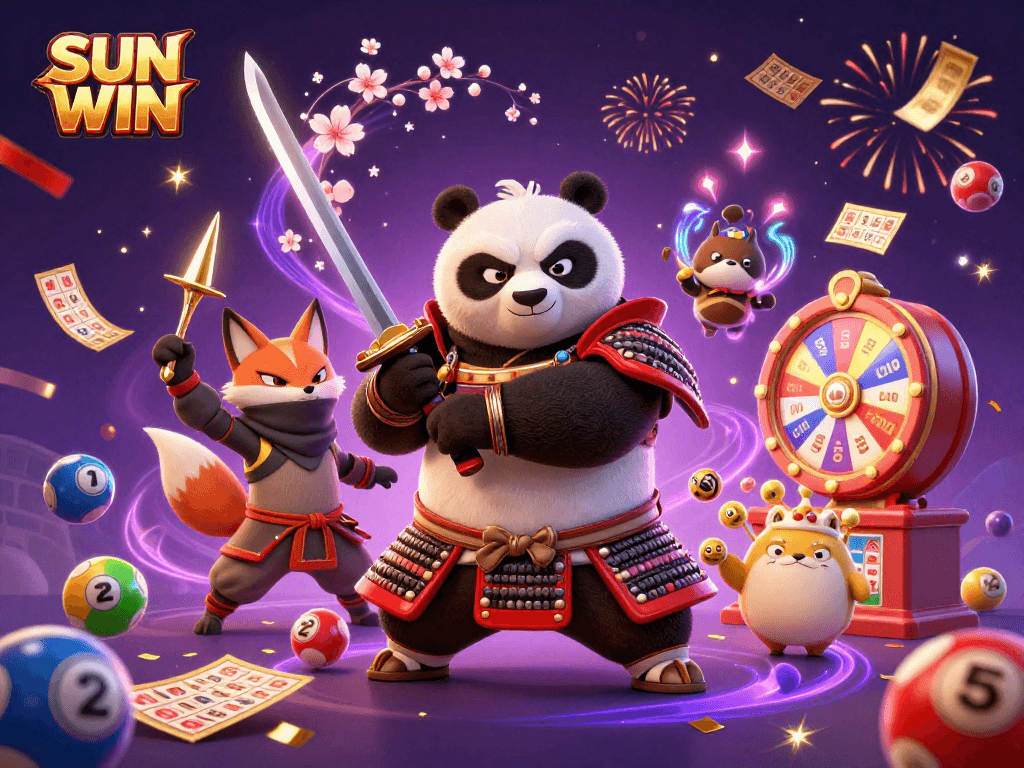 SUN WIN brings excitement with colorful lottery elements and dynamic characters in a vibrant casino scene.