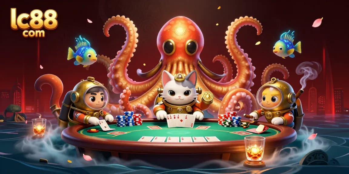 Experience the thrill of lc88 com with a kraken and diving cat amidst a vibrant poker scene.