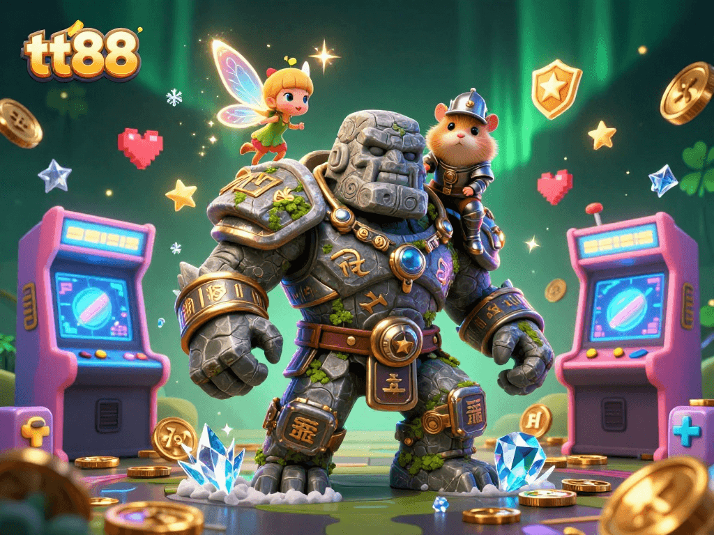 Play exciting games at tt88 with a magical golem, fairy, and hamster knight surrounded by casino elements.