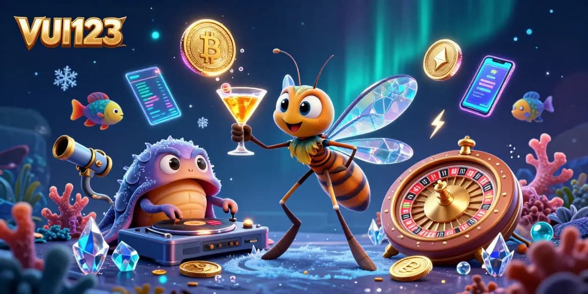 Engage in thrilling gameplay with VUI123 as a cartoon mosquito mascot alongside aquatic creatures in an immersive casino scene.