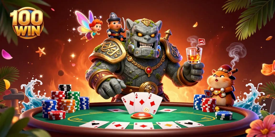 Engaging gaming atmosphere with 100WIN, showcasing lucky poker elements and whimsical characters.
