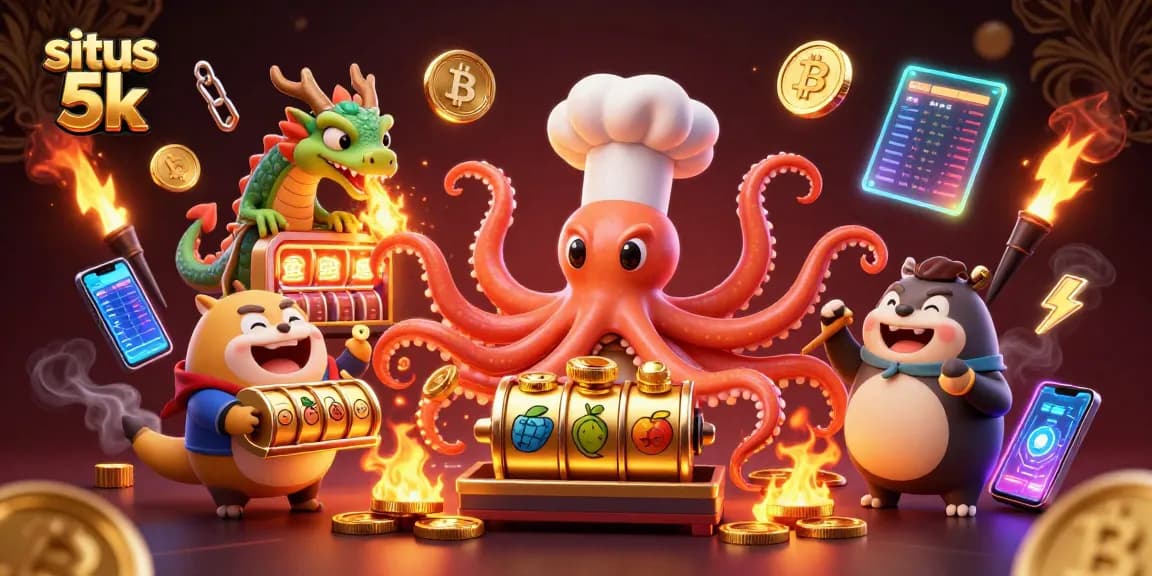 Spin to win with situs 5k as the vibrant octopus chef prepares golden slot reels amidst a lively casino atmosphere.