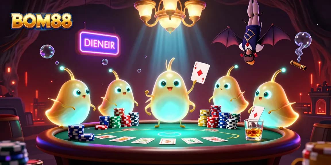 BOM88's vibrant casino scene featuring glowing worm characters and poker elements in a captivating atmosphere.