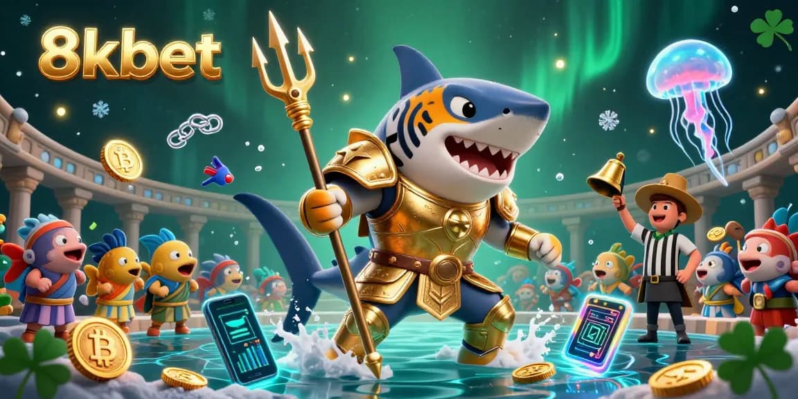 Engage with the dynamic scene of 8xbet, featuring a tiger shark in gladiator armor amid a vibrant underwater casino.
