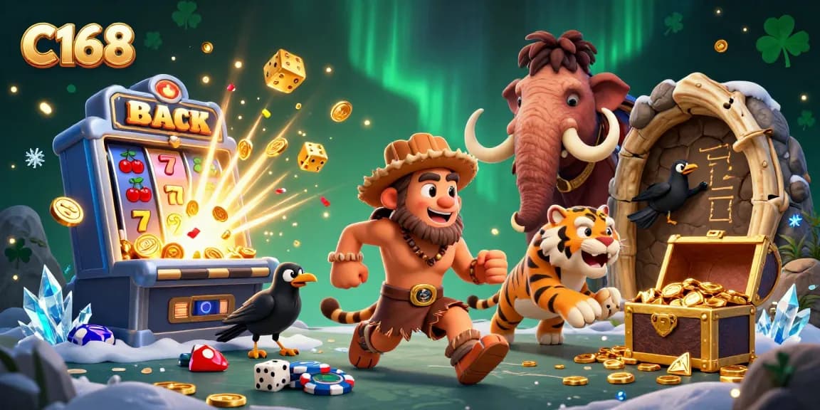 Experience thrills at C168's prehistoric casino with vibrant slot machine and jackpot excitement.