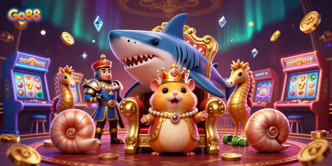 Experience gaming excitement with Go88 featuring a golden hamster king and vibrant 3D arcade elements.