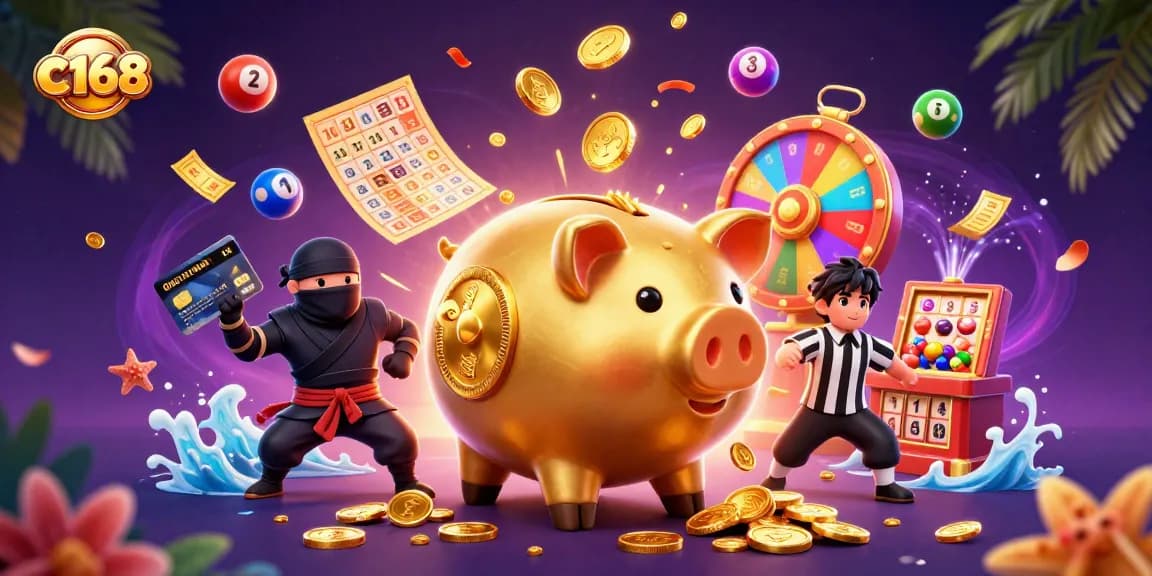 C168 interactive casino scene featuring a sumo wrestler piggy bank, ninja, and samurai with dynamic game elements