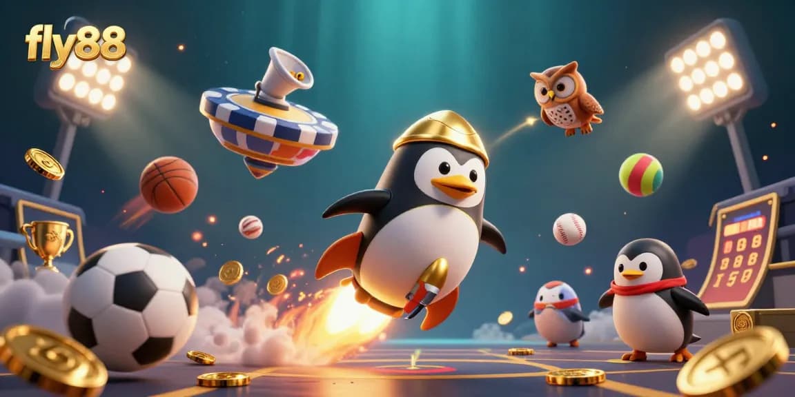 Experience fly88 with a rocket-powered penguin and casino elements in a dynamic 3D scene.