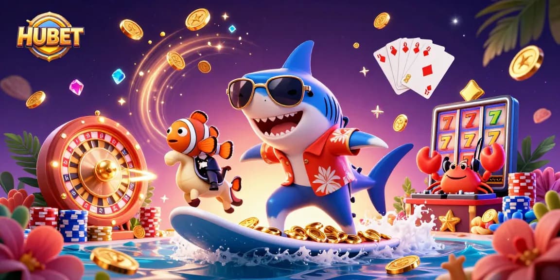 Experience the thrill of HUBET gaming with vibrant characters and dynamic casino elements.